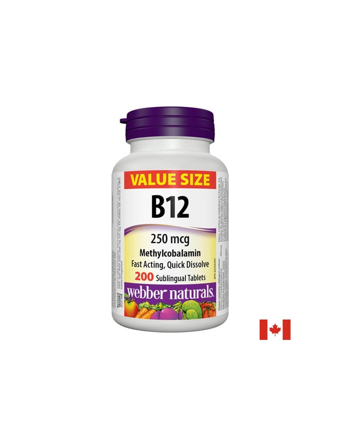 Vitamin B12 Methylcobalamin - Витамин В12 метилкобаламин 250 µg, 200 сублингвални таблетки Витамин B12 Метилкобаламин 250 мкг сублингвални таблетки Webber Naturals
